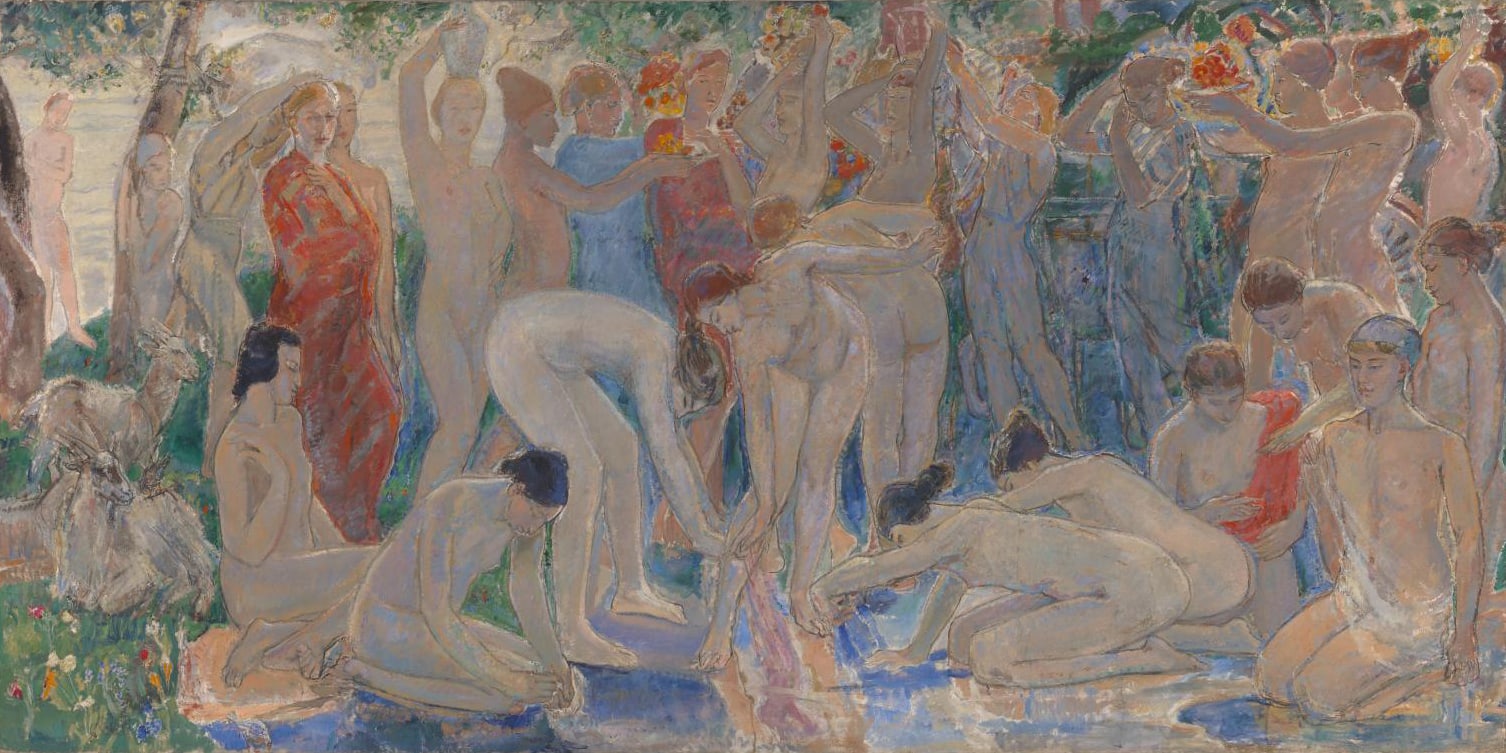 An oil painting of a crowd of women gathered in a circle washing clothes.