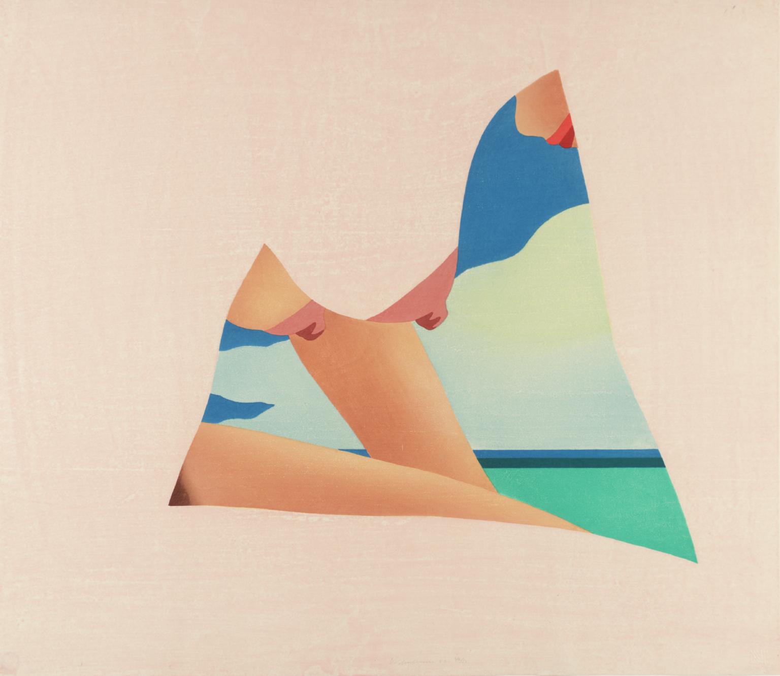 A color woodcut of a nude woman sitting on a sunny beach. Our view is framed by her thighs, right arm, and breasts which we see from a stirringly low perspective.