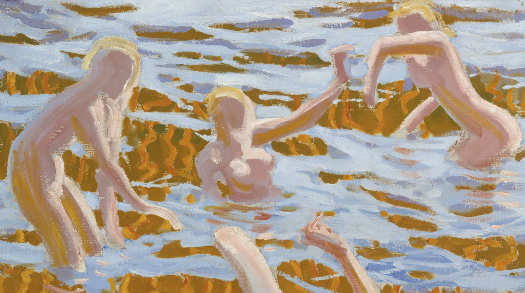 Detail from a colorful oil painting. Four abstract nude female figures splash in the shallows. Their abstracted forms are highlighted in rose.