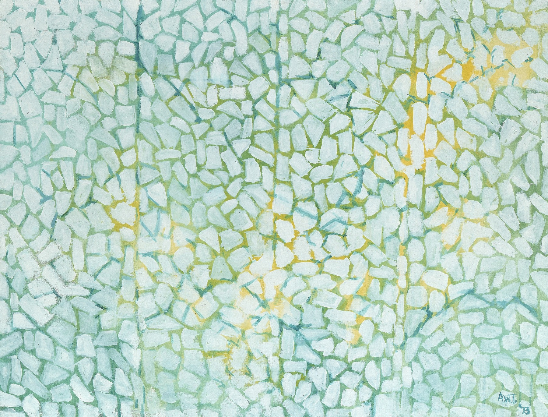 An abstract acrylic painting in fragments of white overlaying a dappled blue and yellow background.