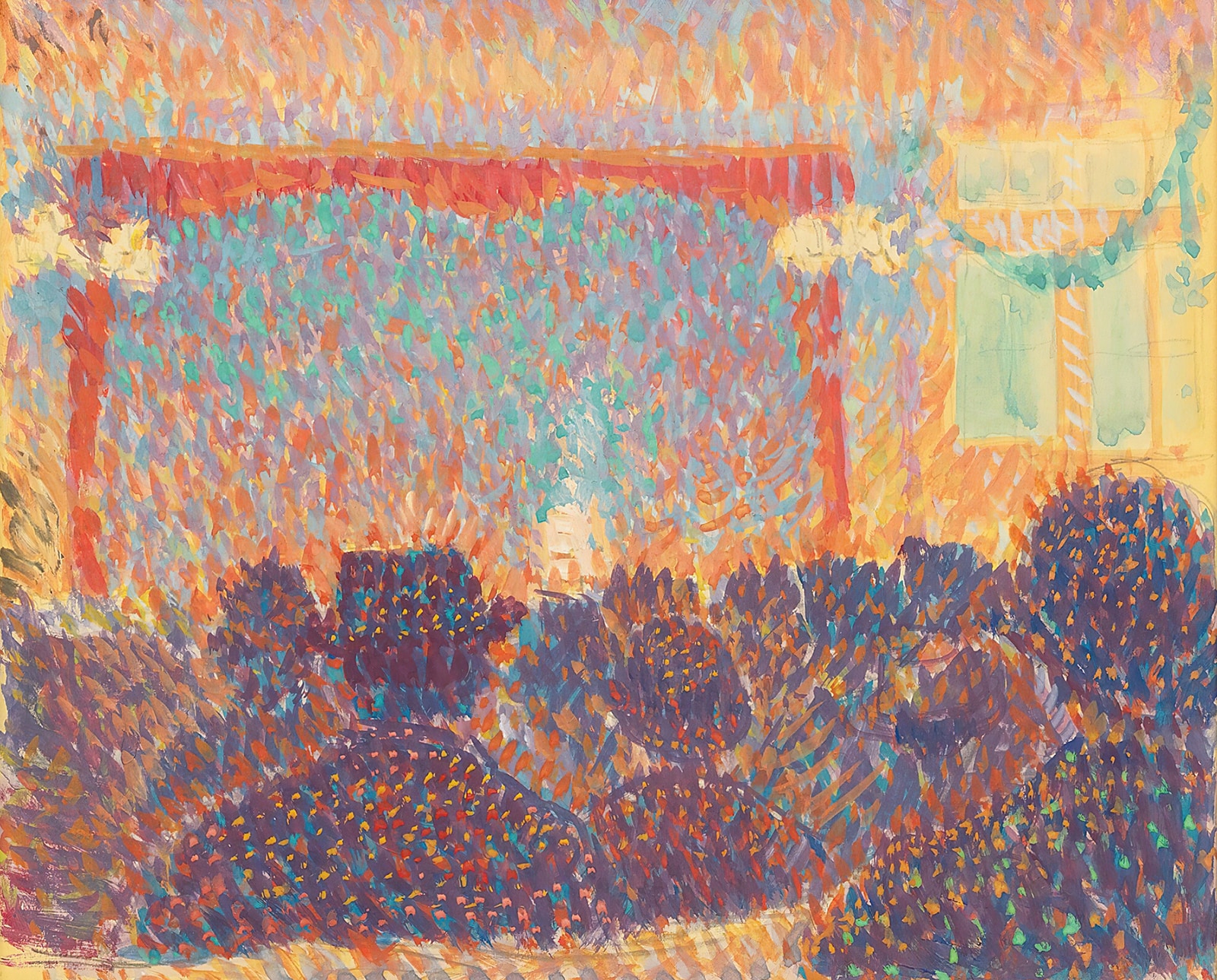 A bright pointillist painting of an audience, seen from behind, sitting in a theater waiting for the show to begin.