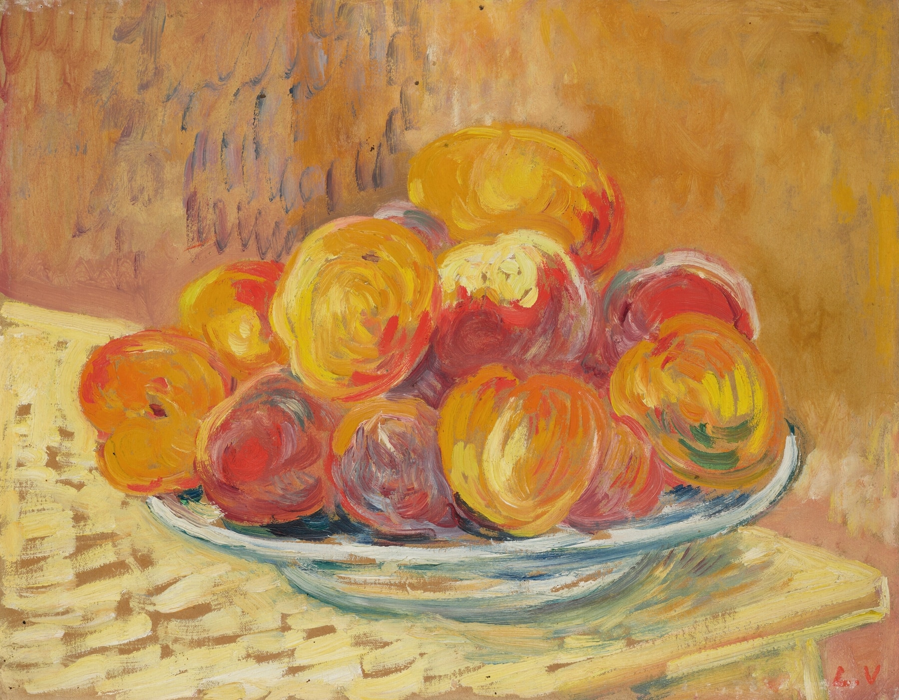 A bright oil painting of a shallow white bowl filled with peaches