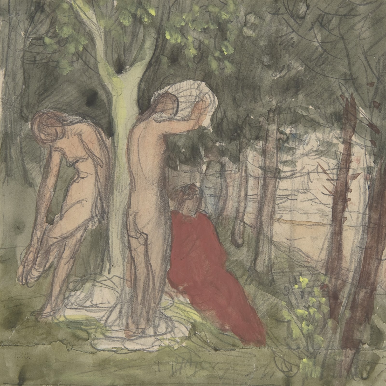 A pencil drawing with watercolour painted over top depicting three figures surrounding the trunk of a tree in an open woodland. Two of the figures are nude, in the process of drying themselves after a swim. The third is seated and wrapped to the neck in a brick red cloth. The pencil lines and watercolour blocks are loose and lively.