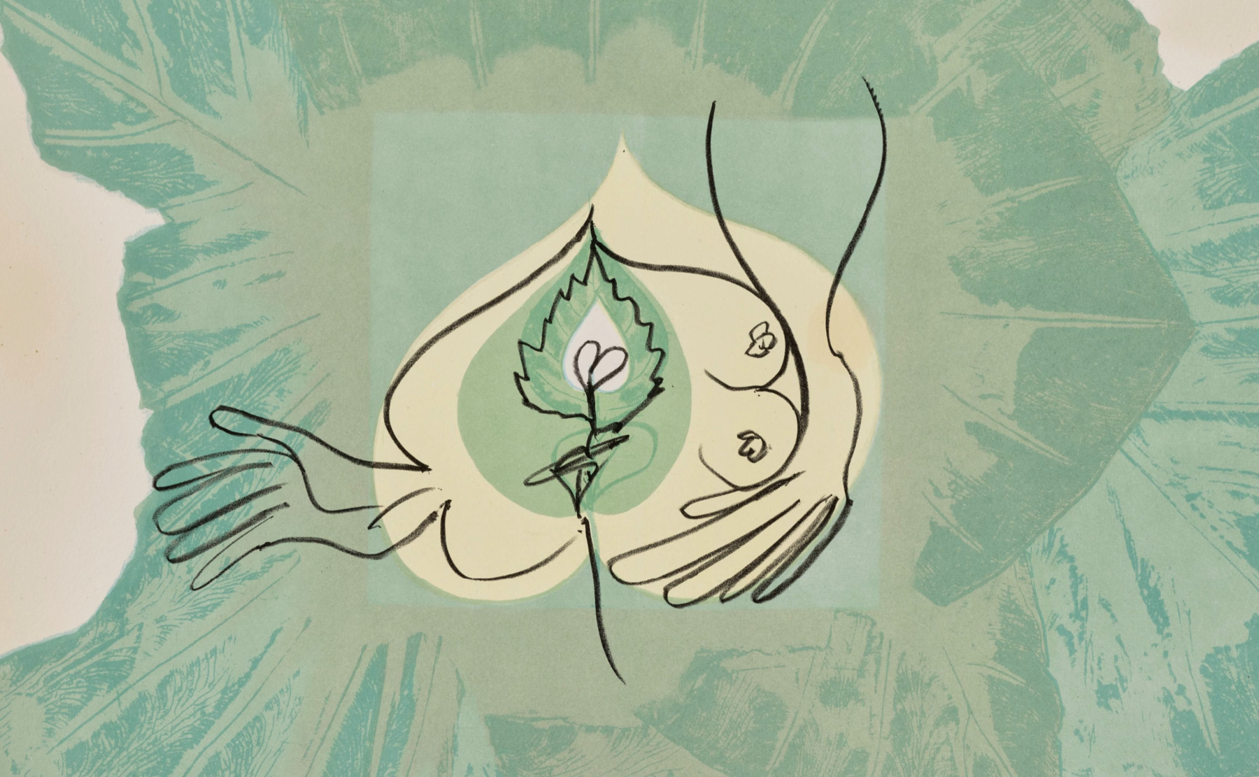 A lithograph in shades of green. Broad leaves frame a beige inverted heart traced in graphite to resemble a nude female torso. A small green leaf lies at the center.