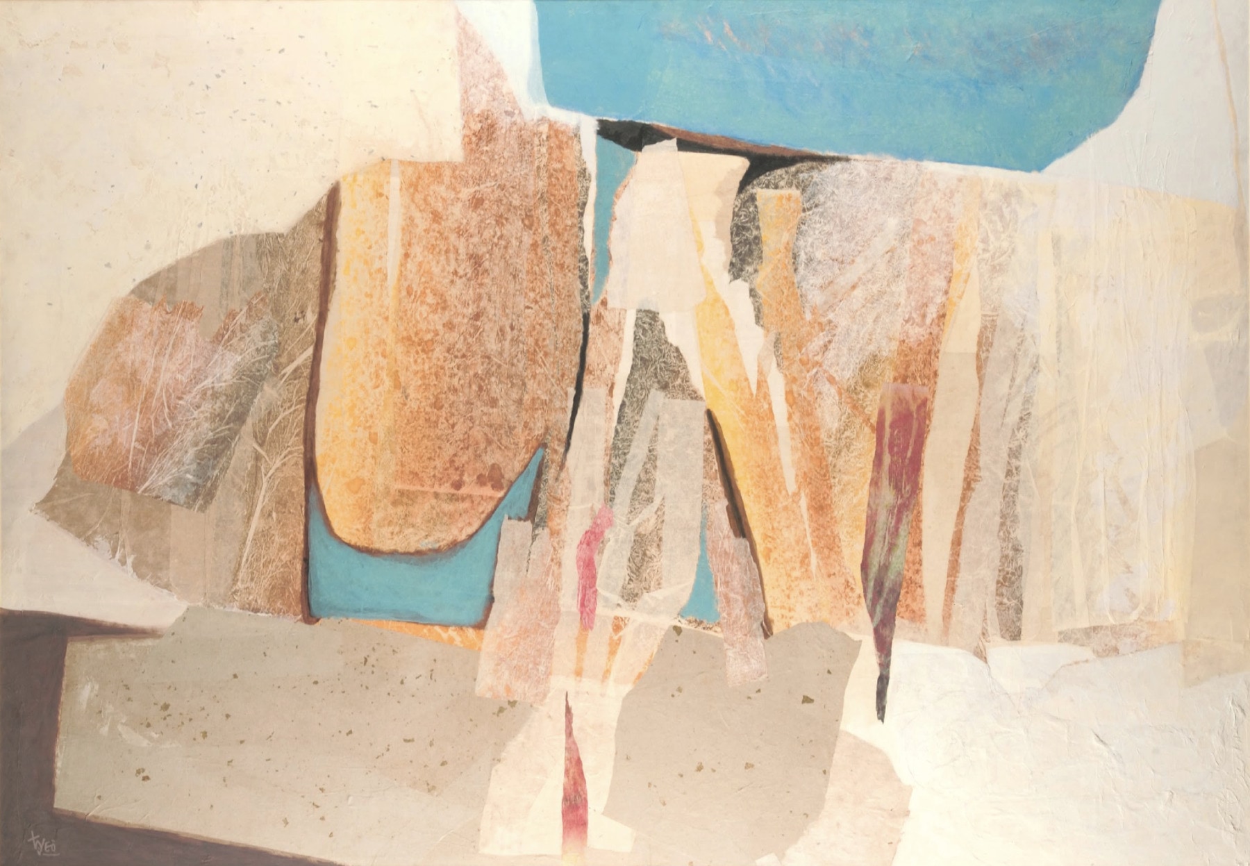 An abstract mixed media painting of marbled pastel forms against blocks of beige and light blue.